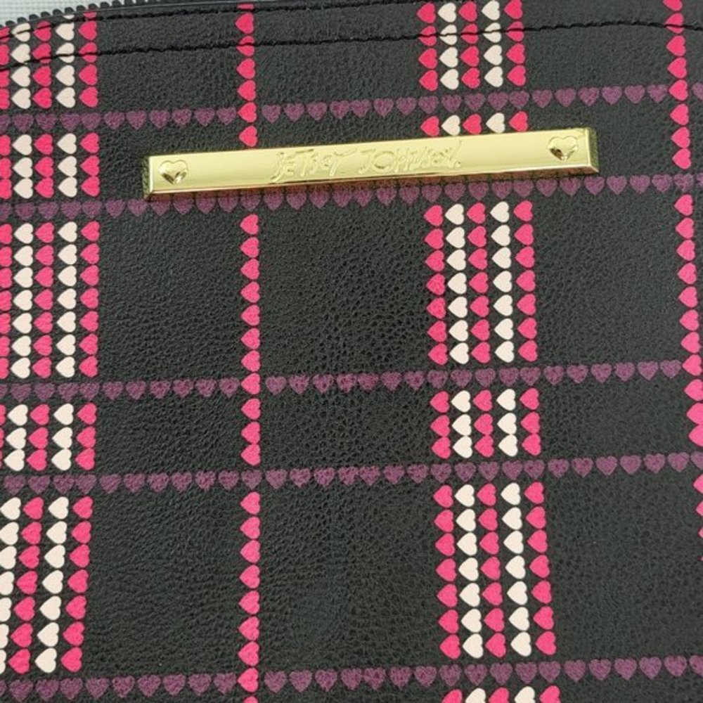 Betsey Johnson Womens Crossbody Purse‎ Heart Plaid Purse Black Pink Gold New - Picture 5 of 9